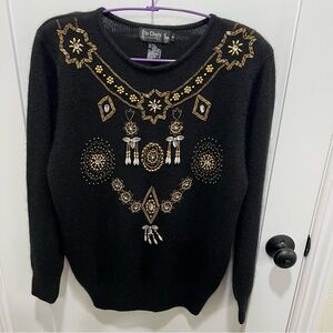 Vintage Le Chois Silk 55% Angora Rabbit 10% Black and Gold Embellished Sweater